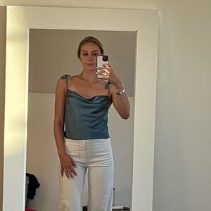 Princess Polly Blue Satin Tank with Tie Straps